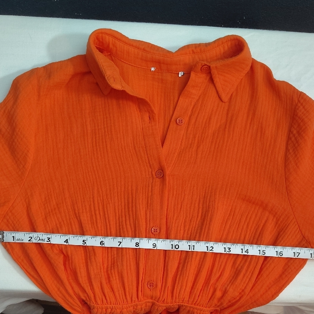 Bright Orange Button-Front Tie-Waist Gauze Romper - Picture 6 of 6